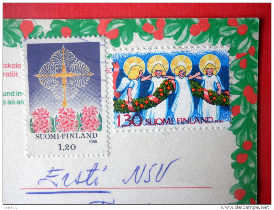 Christmas Greeting Card by A. Rooslien - Santa Claus - angels - Sweden - sent from Finland to Estonia USSR 1986 - JH Postcards