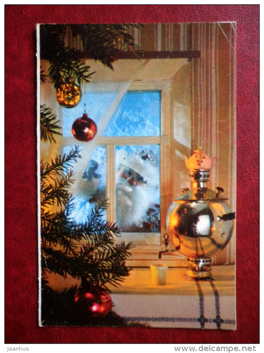 New Year Greeting card - Santa Claus - Ded Moroz - samovar - cristmas tree - 1978 - Russia USSR - used - JH Postcards