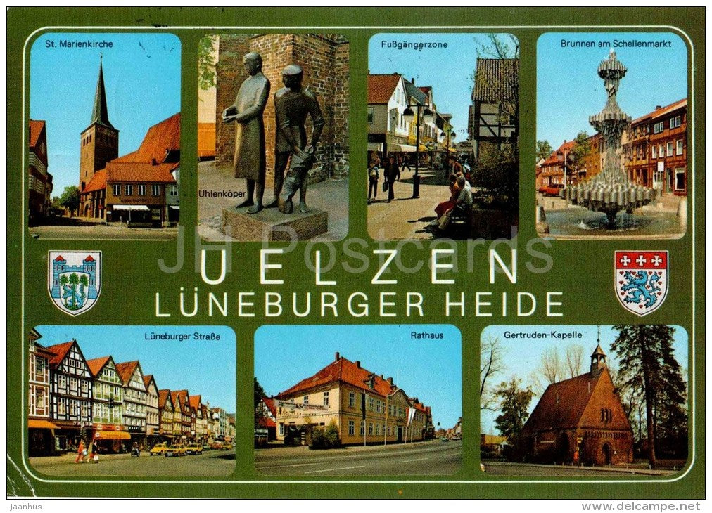 Uelzen , Lüneburger Heide - St. Marienkirche - Uhlenkörper - Rathaus - EUROPA CEPT - Germany - 1987 gelaufen - JH Postcards