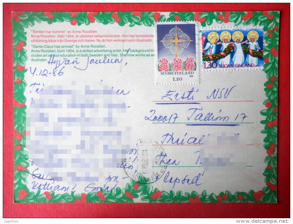 Christmas Greeting Card by A. Rooslien - Santa Claus - angels - Sweden - sent from Finland to Estonia USSR 1986 - JH Postcards