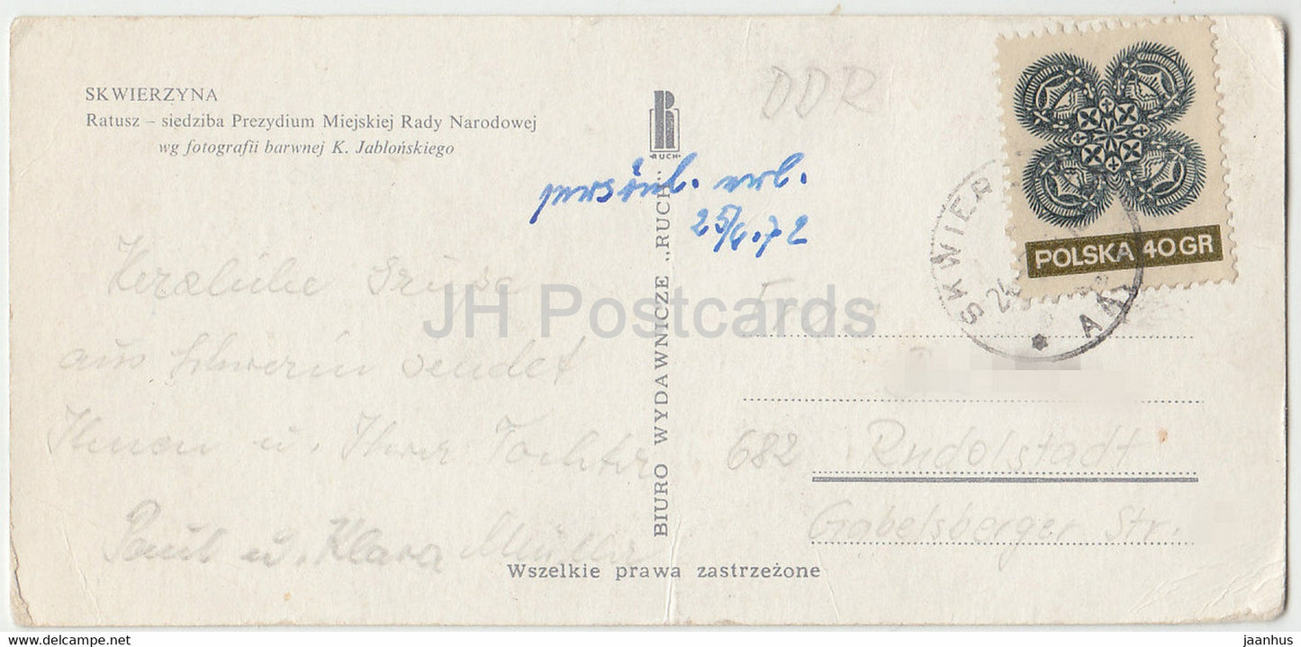 Skwierzyna - Towh Hall - voitures anciennes - carte mini format - 1972 - Pologne - occasion