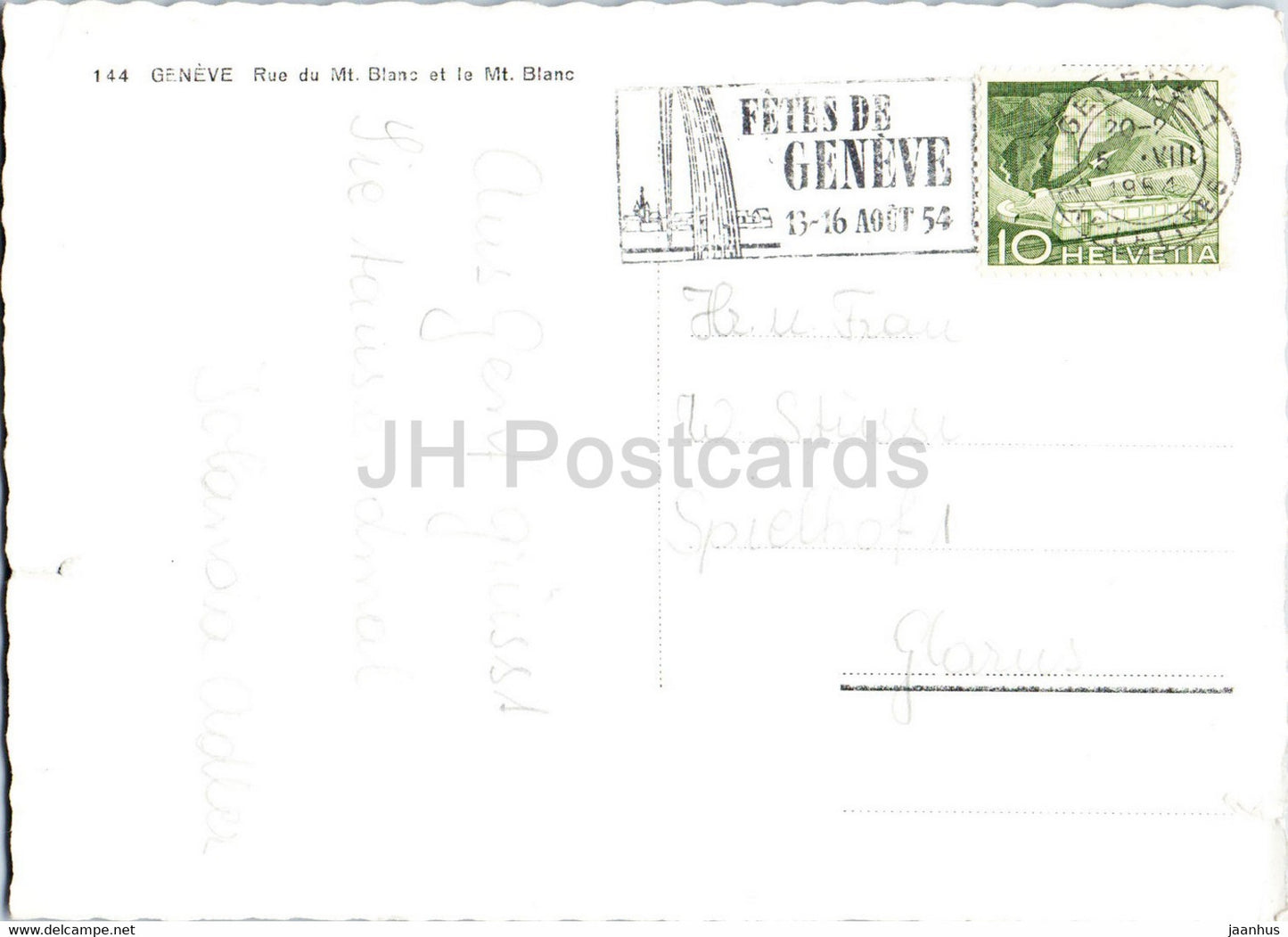 Genf - Rue du Mt Blanc et le Mt Blanc - Hotel Suisse - Straßenbahn - 1954 - alte Postkarte - Schweiz - gebraucht