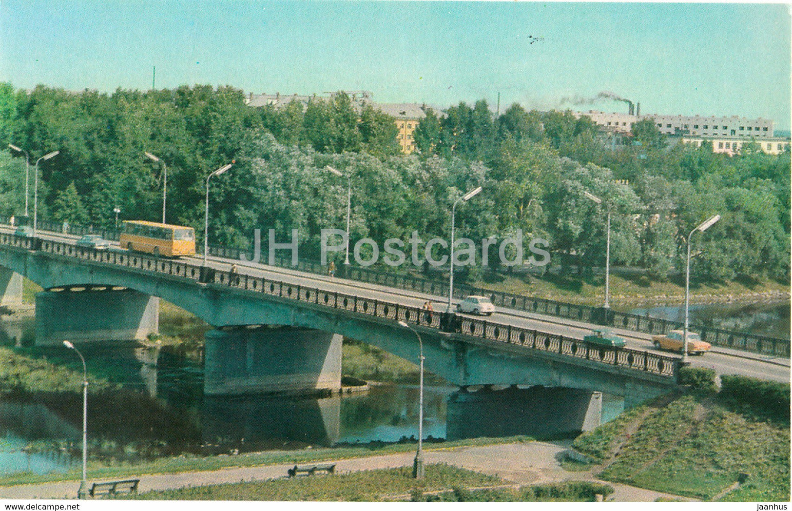 Velikiye Luki - Bridge over river Lovat - bus Ikarus - 1979 - Russia USSR - unused - JH Postcards