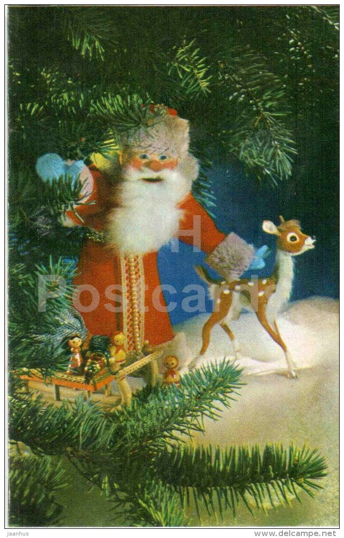 New Year greeting card by G. Kupriyanova - Ded Moroz - Santa Claus - deer - sledge - puppet - 1974 - Russia USSR - used - JH Postcards