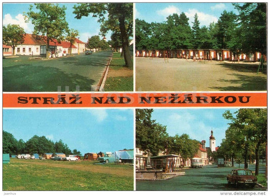 Straz nad Nezarkou - Jindr. Hradec - town views - camping area - bus - Czechoslovakia - Czech - used 1977 - JH Postcards