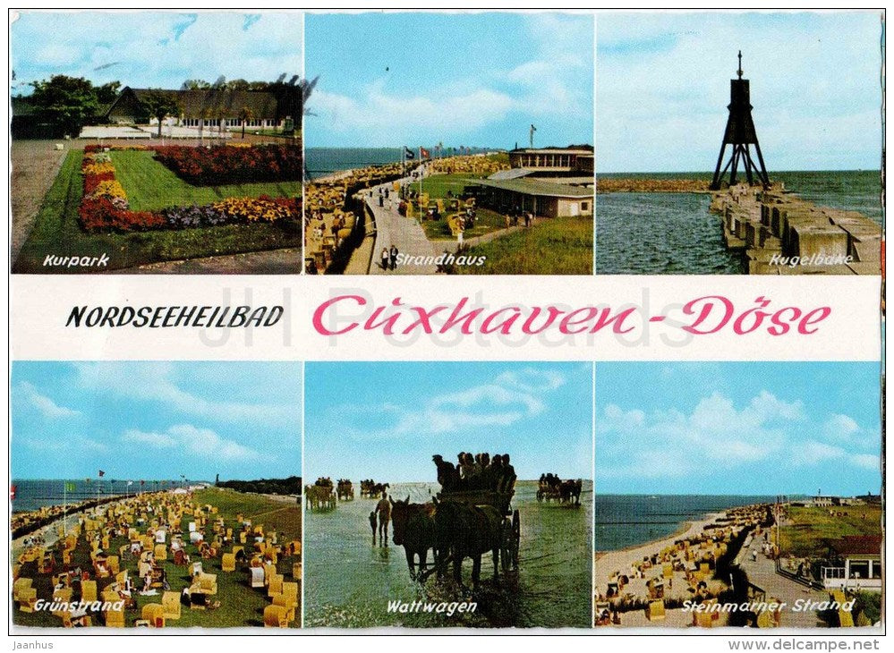 Nordseeheilbad Cuxhaven Döse - Kurpark - Strandhaus - Kugelbake - Grünstrand - Wattwagen - Germany - 1982 gelaufen - JH Postcards