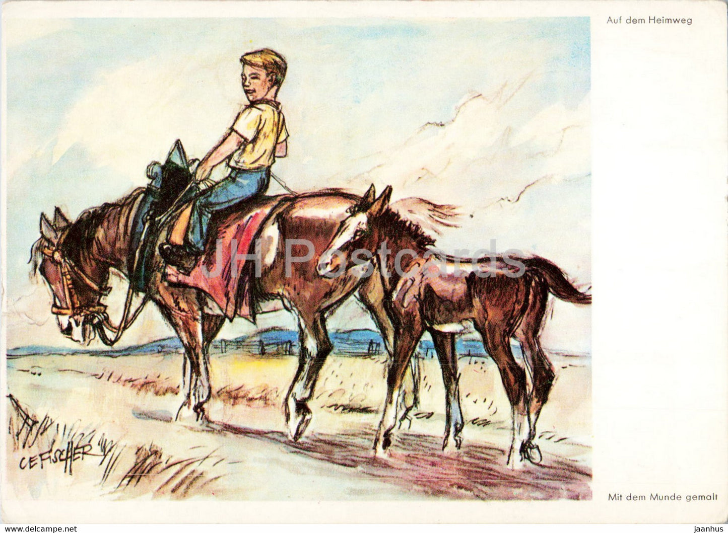 illustration by Cefischer - Auf dem Heimweg - horse - boy - Germany - unused - JH Postcards