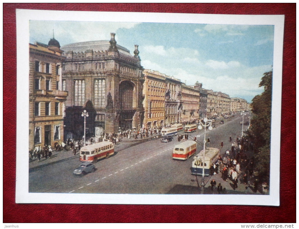 view of the Nevsky Prospect - bus - trolleybus - Leningrad - St. Petersburg - 1959 - Russia USSR - unused - JH Postcards