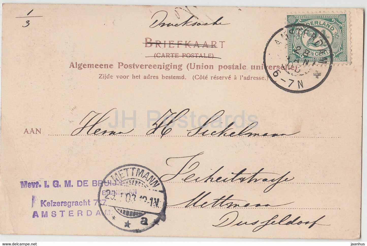 Amsterdam - OZ Voorburgwal - alte Postkarte - 1903 - Niederlande - gebraucht