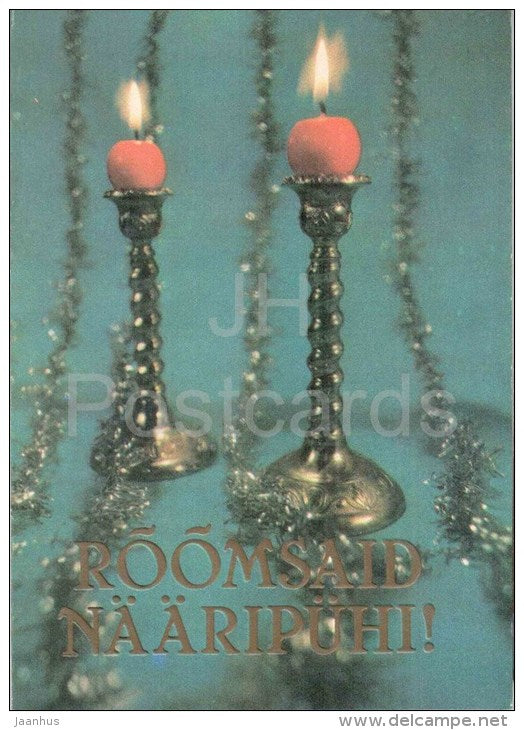 New Year Greeting card - candlestick - red candle - decorations - 1981 - Estonia USSR - unused - JH Postcards