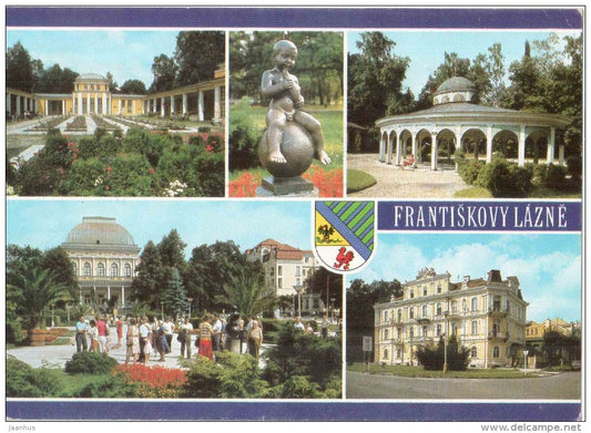 Frantiskovy Lazne - Francis statue - Louise spring - Natalie spring - social house - Czechoslovakia - Czech - used 1985 - JH Postcards