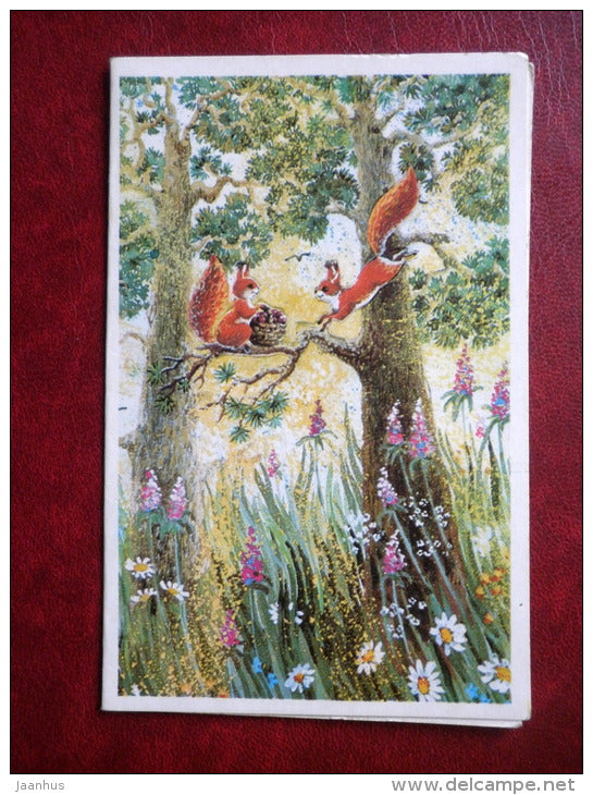 illustration by L. Pokhitonova - squirrel - trees - 1986 - Russia USSR - used - JH Postcards