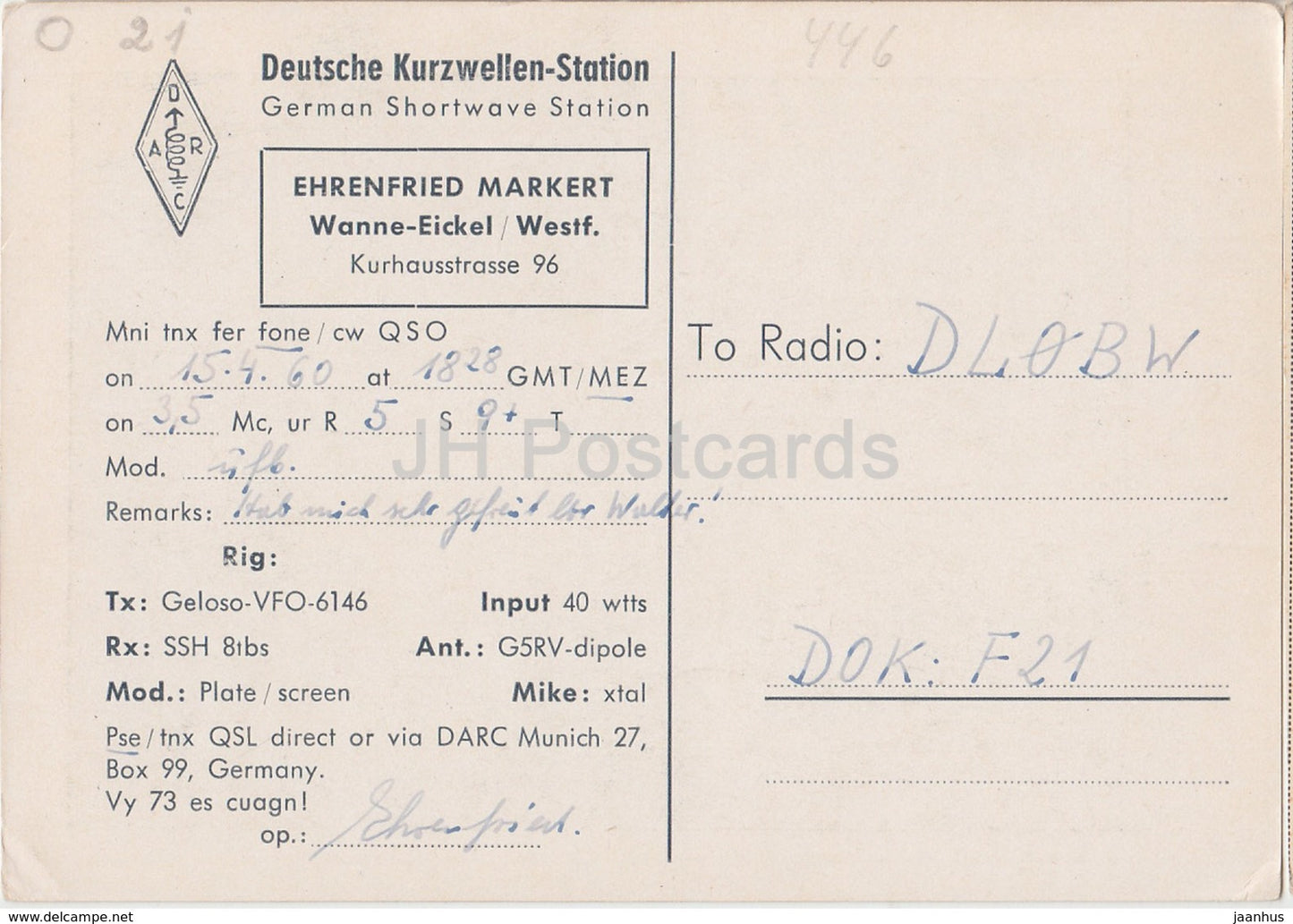 Wanne-Eickel City - tramway - voiture Volkswagen - carte QSL - Deutsche Kurzwellen-Station - 1960 - Allemagne - occasion