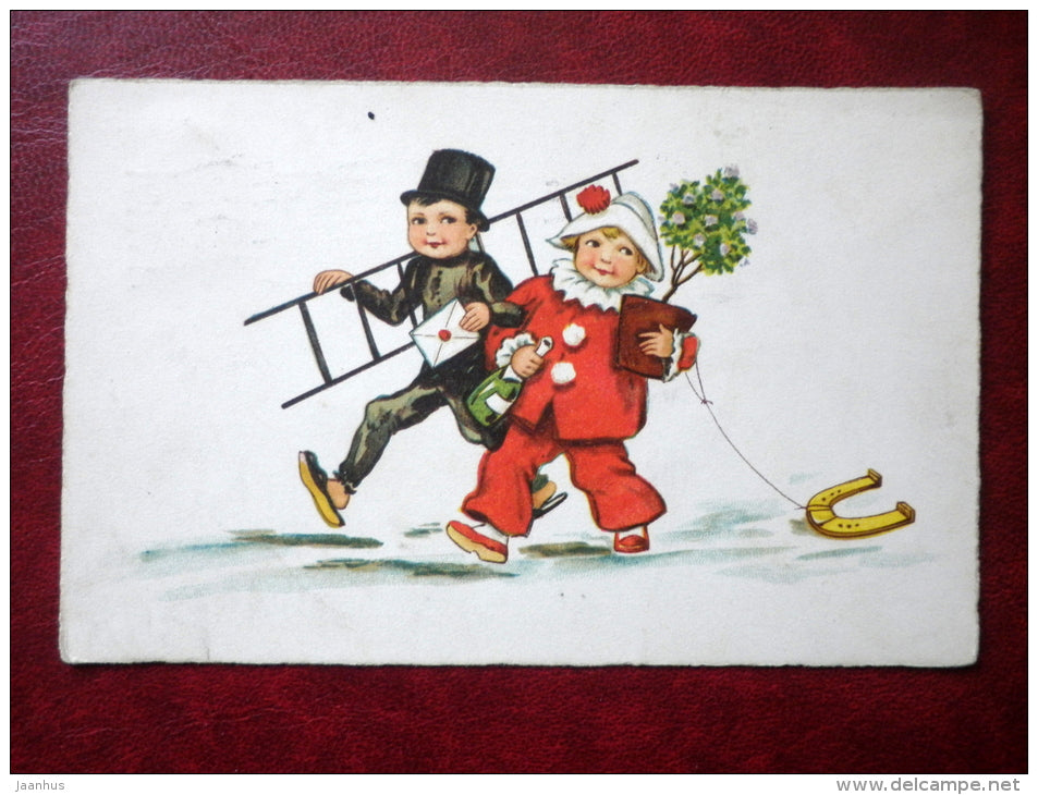 chimney sweeper - clown - horseshoe - Amag 2237 - circulated in Estonia 1928 , Tallinn , Rapla - Germany - used - JH Postcards