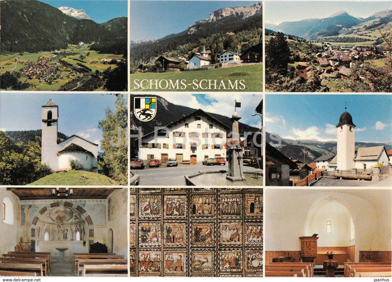 Schoms - Schams - Andeer - Reischen - Zillis - Clugin - Pignia - church - multiview - 1243 - Switzerland - unused - JH Postcards