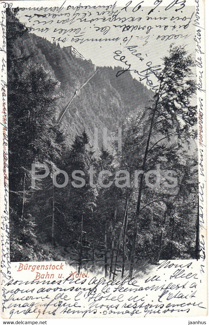 Burgenstock - Bahn u Hotel - old postcard - 1903 - Switzerland - used - JH Postcards