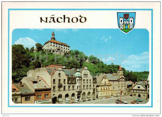 Nachod - square - castle - bus - Czechoslovakia - Czech - unused - JH Postcards