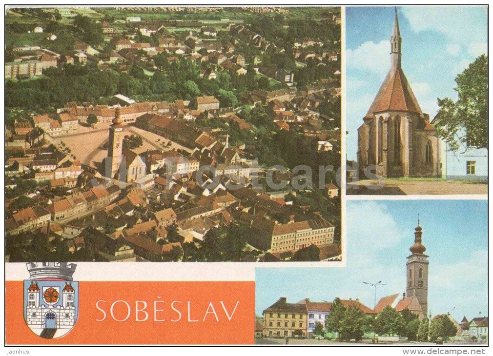 Sobeslav - town views - church - Czechoslovakia - Czech - unused - JH Postcards