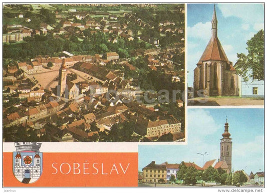 Sobeslav - town views - church - Czechoslovakia - Czech - unused - JH Postcards