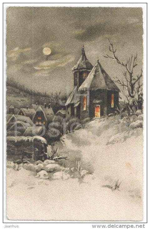 New Year Greeting Card - winter church - HWB SER 2296 - circulated in Estonia 1930 - JH Postcards