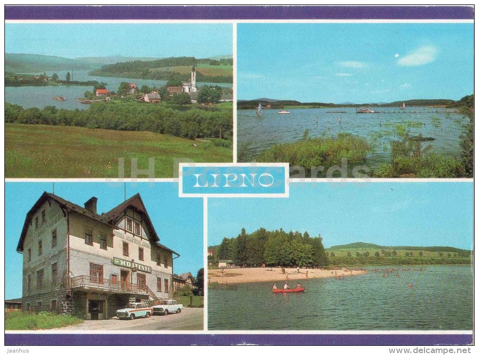 Lipno - lake Cerna v Posumavi - Frymburk - beach - inn - boat - Czechoslovakia - Czech - used 1980 - JH Postcards