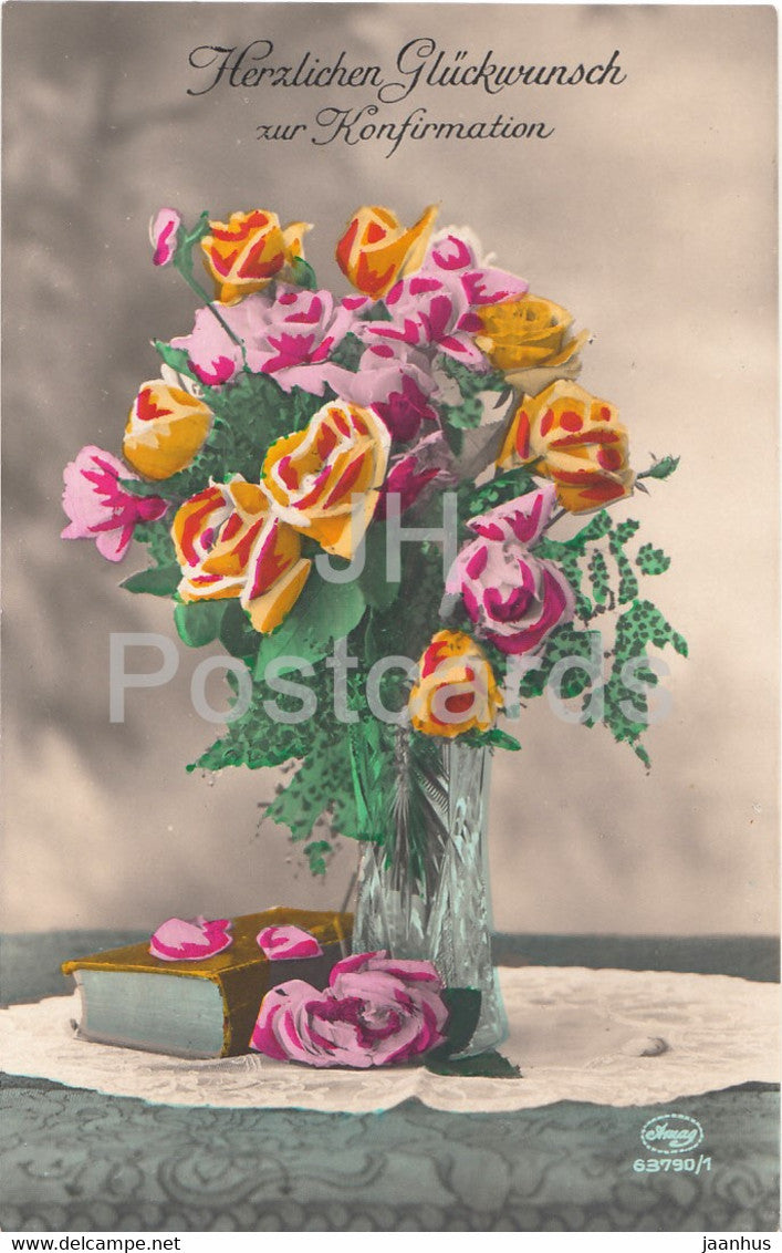 Greeting Card - Herzlichen Gluckwunsch zur Konfirmation - roses - Amag 63790/1 - old postcard - 1930 - Germany - used - JH Postcards