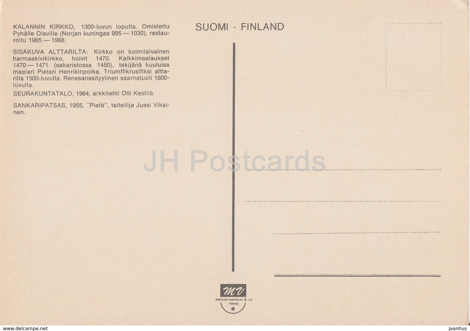 Kalanti - church - interior - altar - parish - hero statue - Finland - unused - JH Postcards