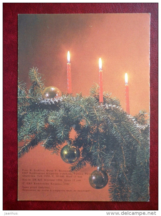 New Year Greeting card - fir tree - candles - decorations - 1984 - Estonia USSR - used - JH Postcards