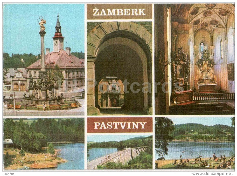 Zamberk - town square - castle gate - chapel - beach - Pastviny dam - Czechoslovakia - Czech - used 1970s - JH Postcards