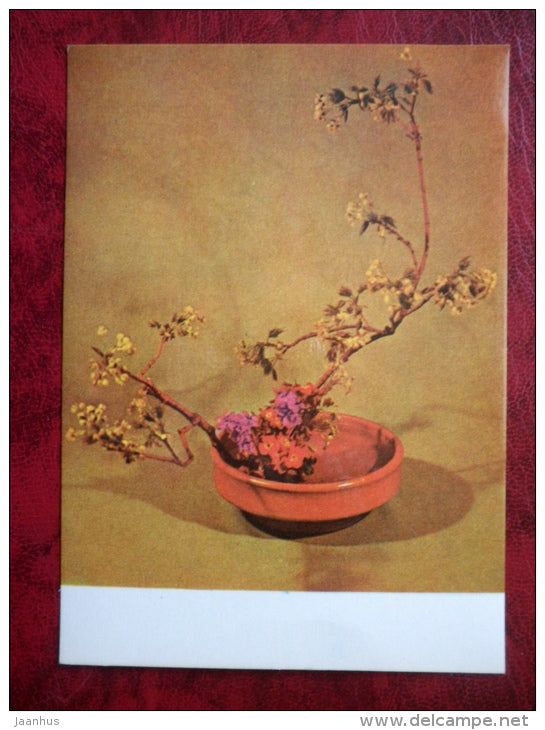 flower composition, ikebana - Sunset Glow - primrose - maple - hepatica - 1980 - Estonia USSR - unused - JH Postcards