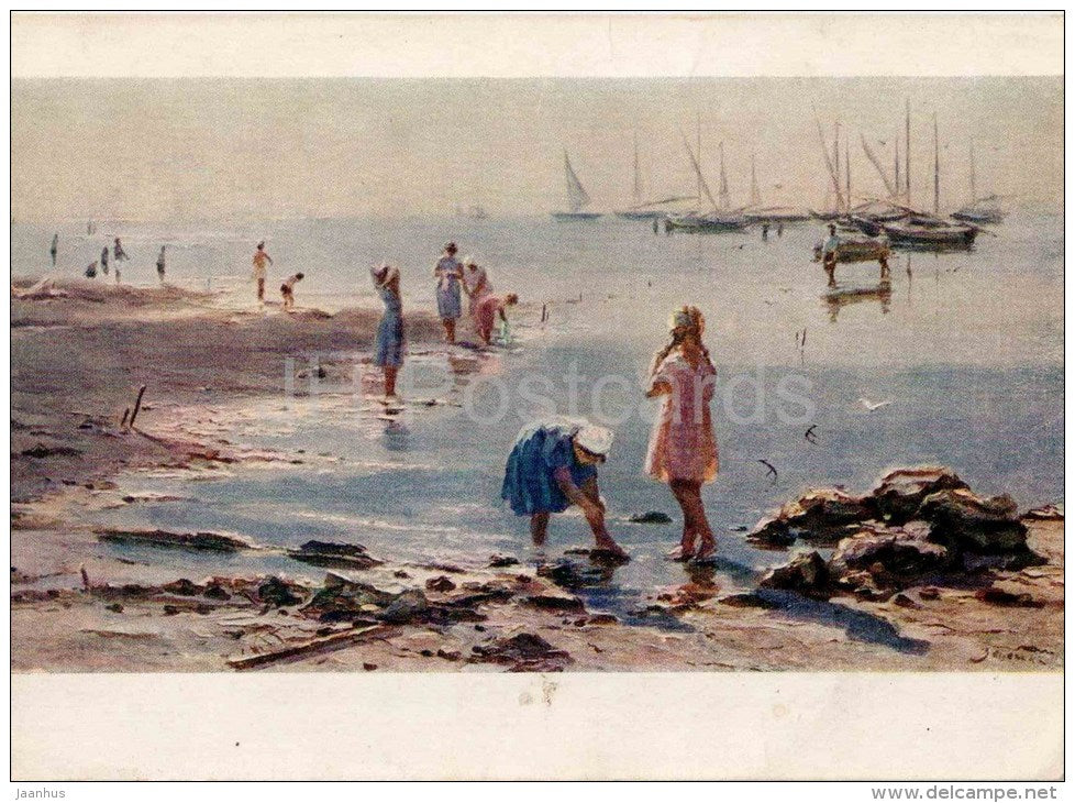 painting by Z. Zatsepina - Morning at the sea , 1956 - sailing boat - russian art - unused - JH Postcards