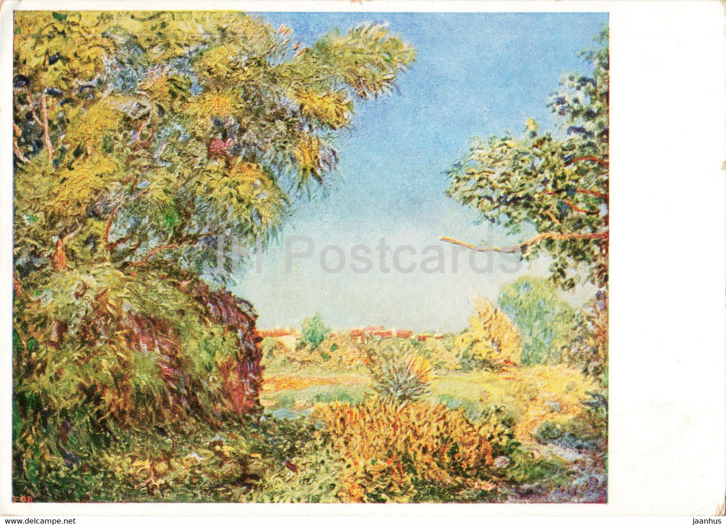 painting by Alfred Sisley - Sonnige Landschaft - Sunny Landscape - French art - old postcard - Germany - used - JH Postcards