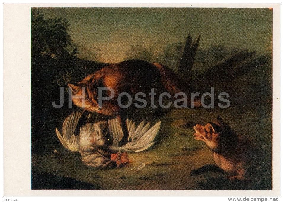 painting by V. Fyodorov - Two foxes daring cock , 1776 - Russian art - 1976 - Russia USSR - unused - JH Postcards