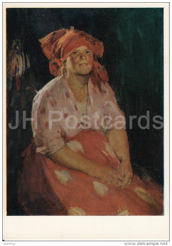 painting by A. Arkhipov - Peasant Woman in Pink , 1910 - Russian art - 1974 - Russia USSR - unused - JH Postcards