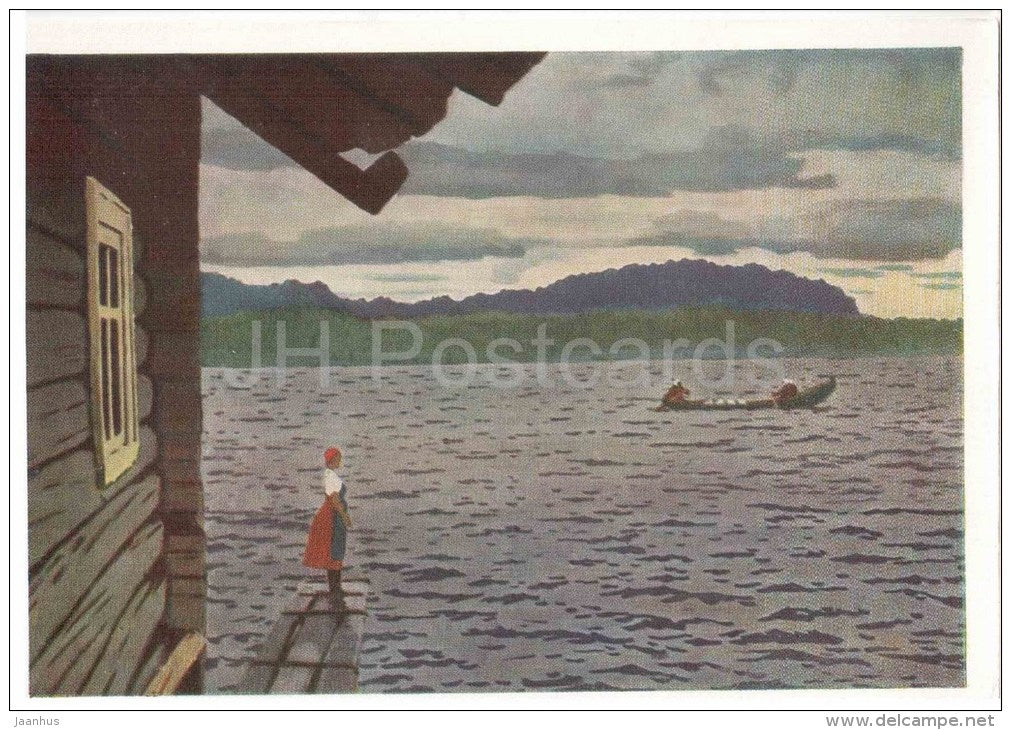 painting by M. Mechev - 1 - Lake , 1963 - house - boat - russian art - unused - JH Postcards