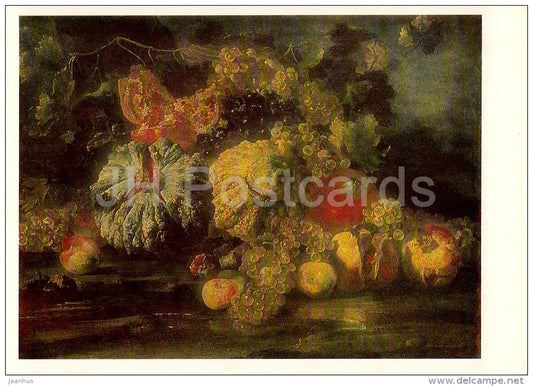 painting by Giovanni Battista Ruoppoli - Still Life with Melons - grape Italian art - Russia USSR - 1984 - unused - JH Postcards