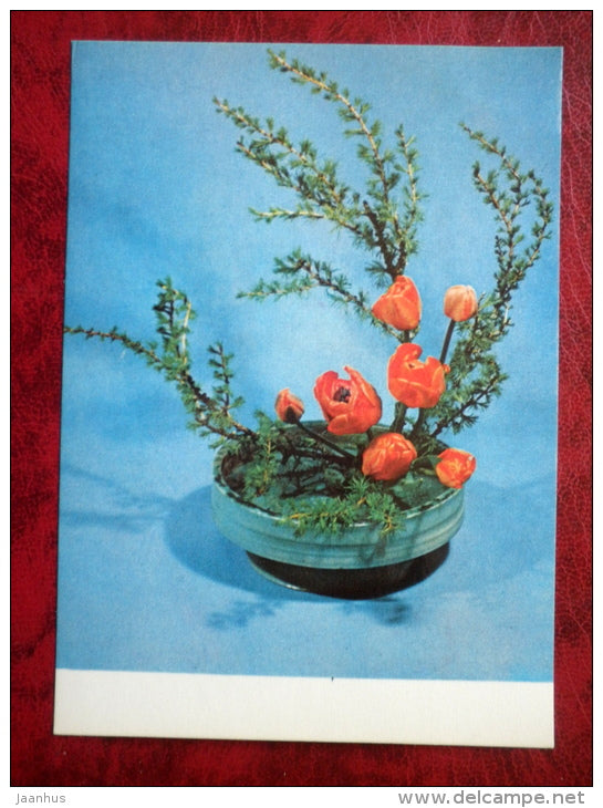 flower composition, ikebana - Glad Morning - tulip - larch - 1980 - Estonia USSR - unused - JH Postcards