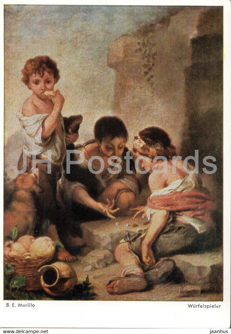 painting by B E Murillo - Wurfelspieler - children - dice player - game - Spanish art - Germany - unused - JH Postcards