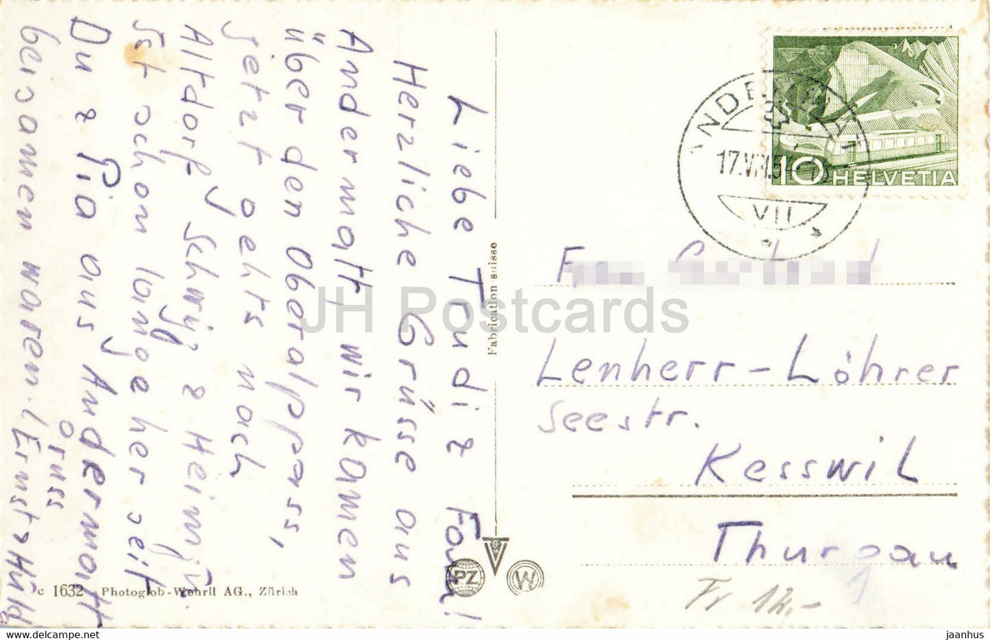 Andermatt 1444 m gegen das Urnerloch - 1632 - 1954 - old postcard - Switzerland - used