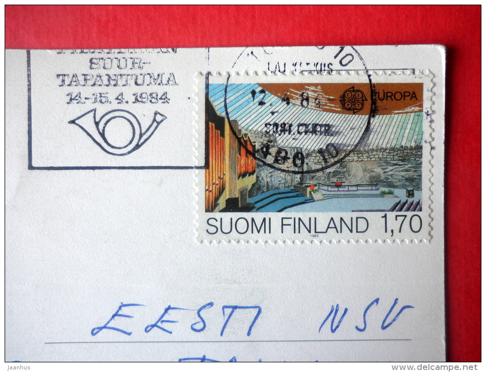 illustration by Wallace Tripp - car - mouse - cake - EUROPA CEPT  Germany - sent from Finland Turku to Estonia USSR 1984 - JH Postcards