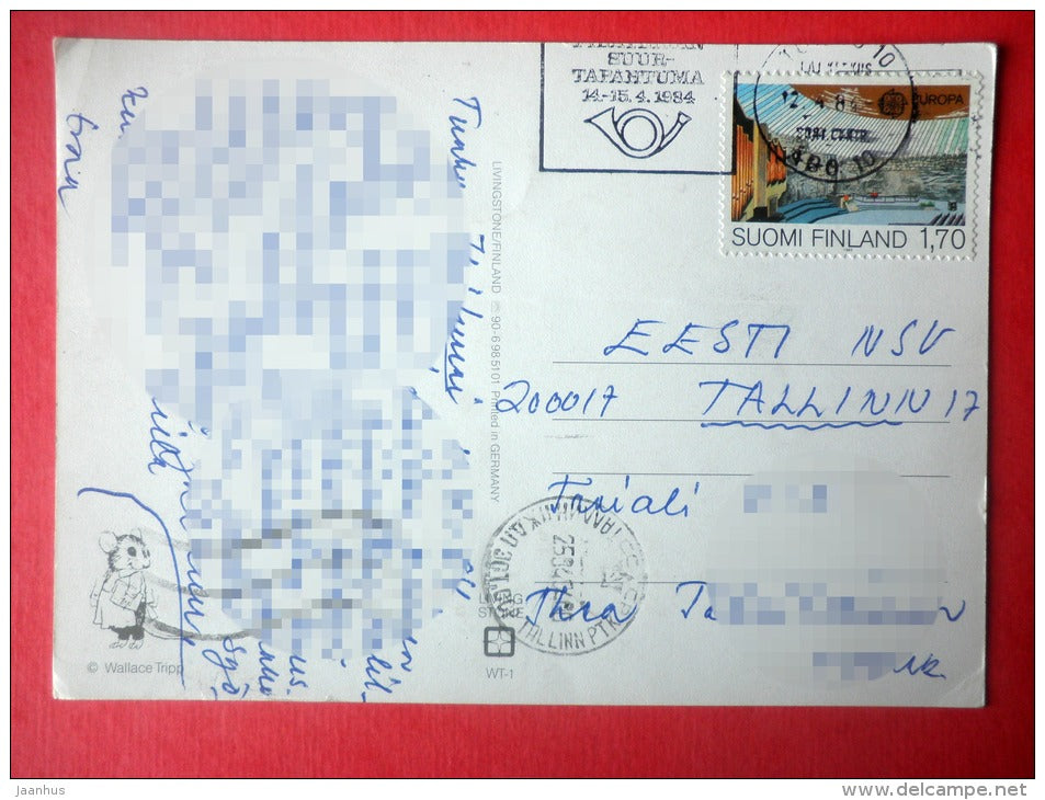 illustration by Wallace Tripp - car - mouse - cake - EUROPA CEPT  Germany - sent from Finland Turku to Estonia USSR 1984 - JH Postcards