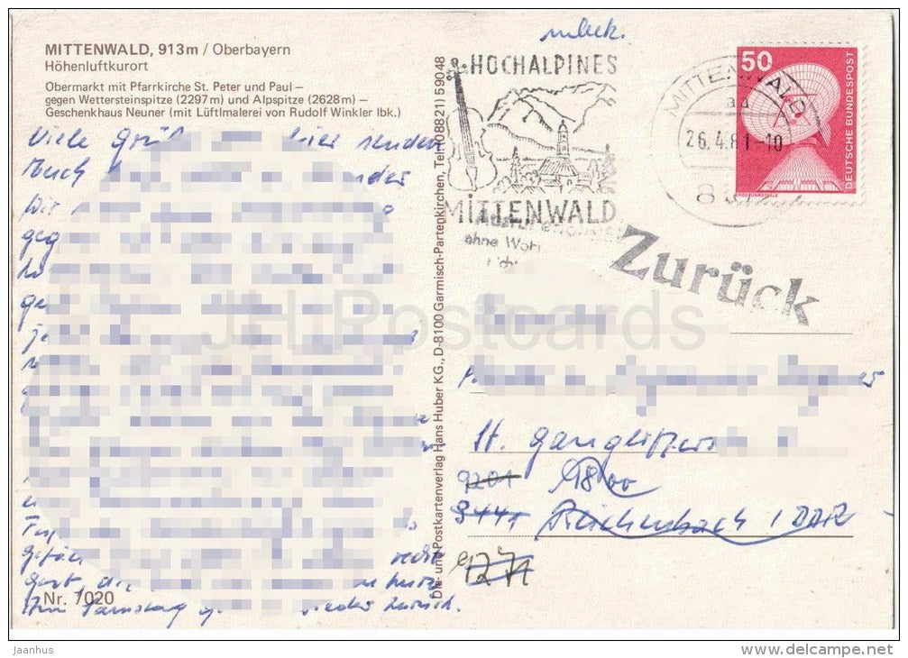 Grüsse aus Mittenwald - Höhenluftkurort - Obermarkt mit Pfarrkirche St. Peter und Paul - Germany - 1981 gelaufen - JH Postcards