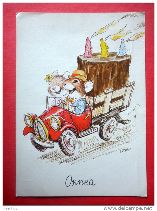 illustration by Wallace Tripp - car - mouse - cake - EUROPA CEPT  Germany - sent from Finland Turku to Estonia USSR 1984 - JH Postcards