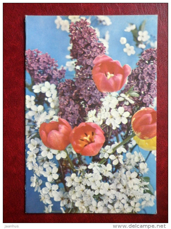 May 1st Greeting Card - lilac - tulips - flowers - 1974 - Russia USSR - used - JH Postcards