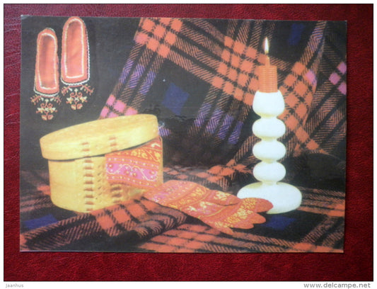 New Year Greeting card - gloves - wooden box - candle - slippers - 1975 - Estonia USSR - unused - JH Postcards