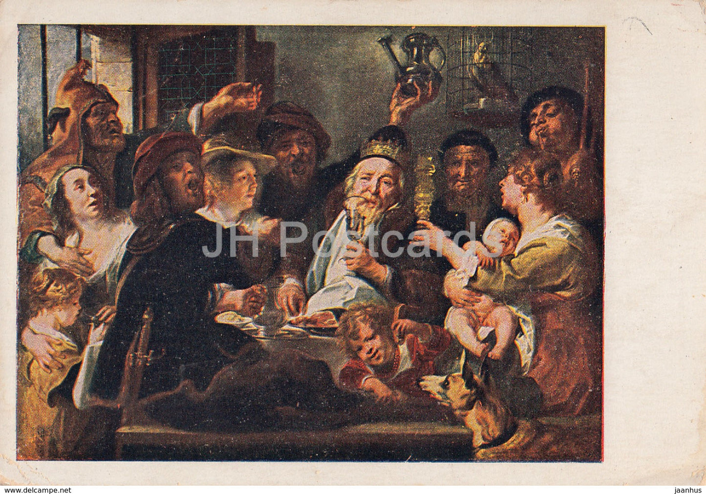 painting by Jacob Jordaens - Drinking King - dog - Flemish art - old postcard - Russia USSR - unused - JH Postcards