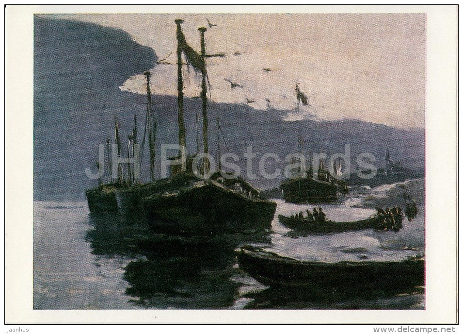 painting by A. Morozov - Barges on the Volga river , 1976 - Russian art - Russia USSR - 1988 - unused - JH Postcards