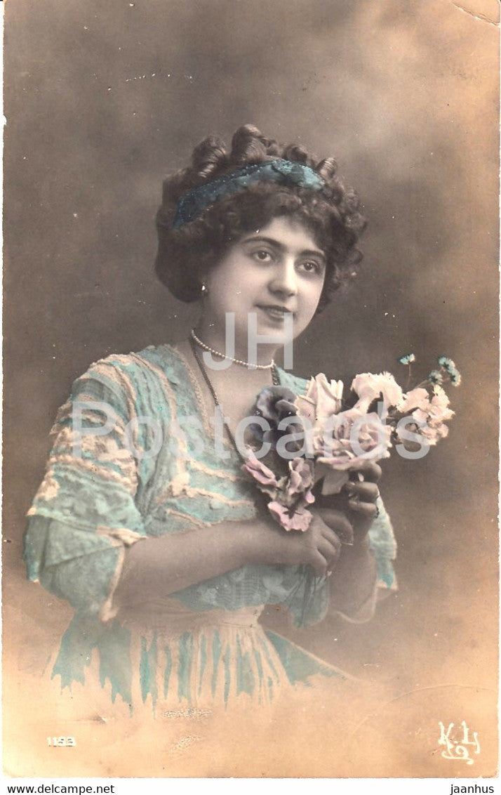 woman with flowers - 1153 - old postcard - 1914 - used - JH Postcards