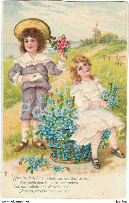 Birthday Greeting Card - Was im Briefchen steht - girl - boy - flowers - 13701 - old postcard - 1911 - Germany - used - JH Postcards