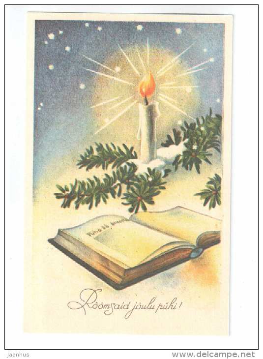 Christmas Greeting Card - candle - book - REPRODUCTION ! - 1990 - Estonia USSR - used - JH Postcards